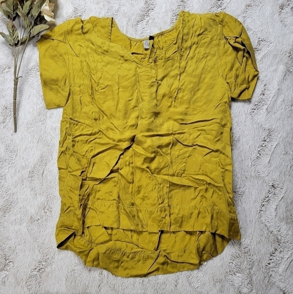 Elk Australia Mustard Yellow Short Sleeve Slight V Neck Blouse Size S - Picture 1 of 10